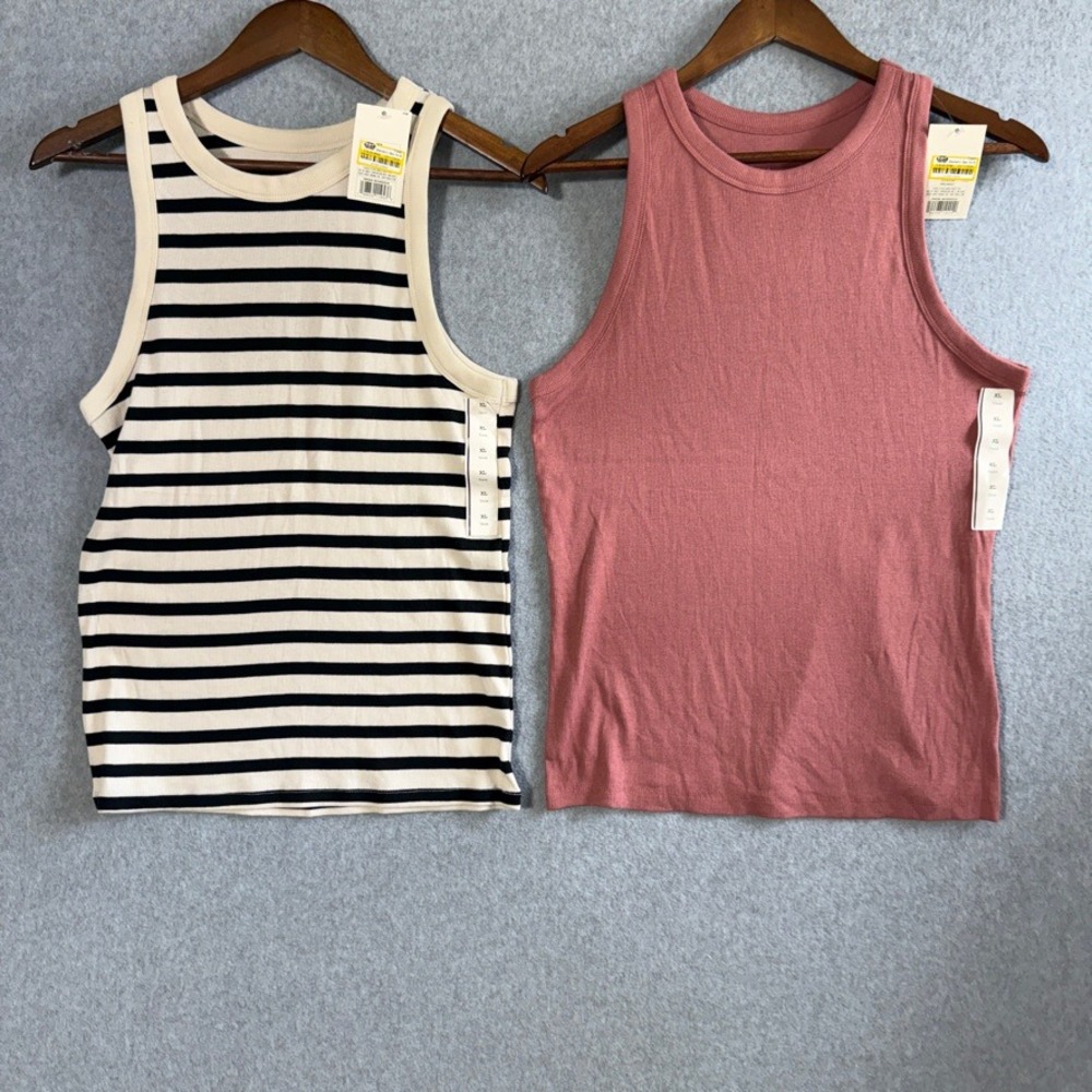 A New Day Tank Top Bundle XL Pink Striped NEW Slim Fit Ribbed Cotton Modal 2pk